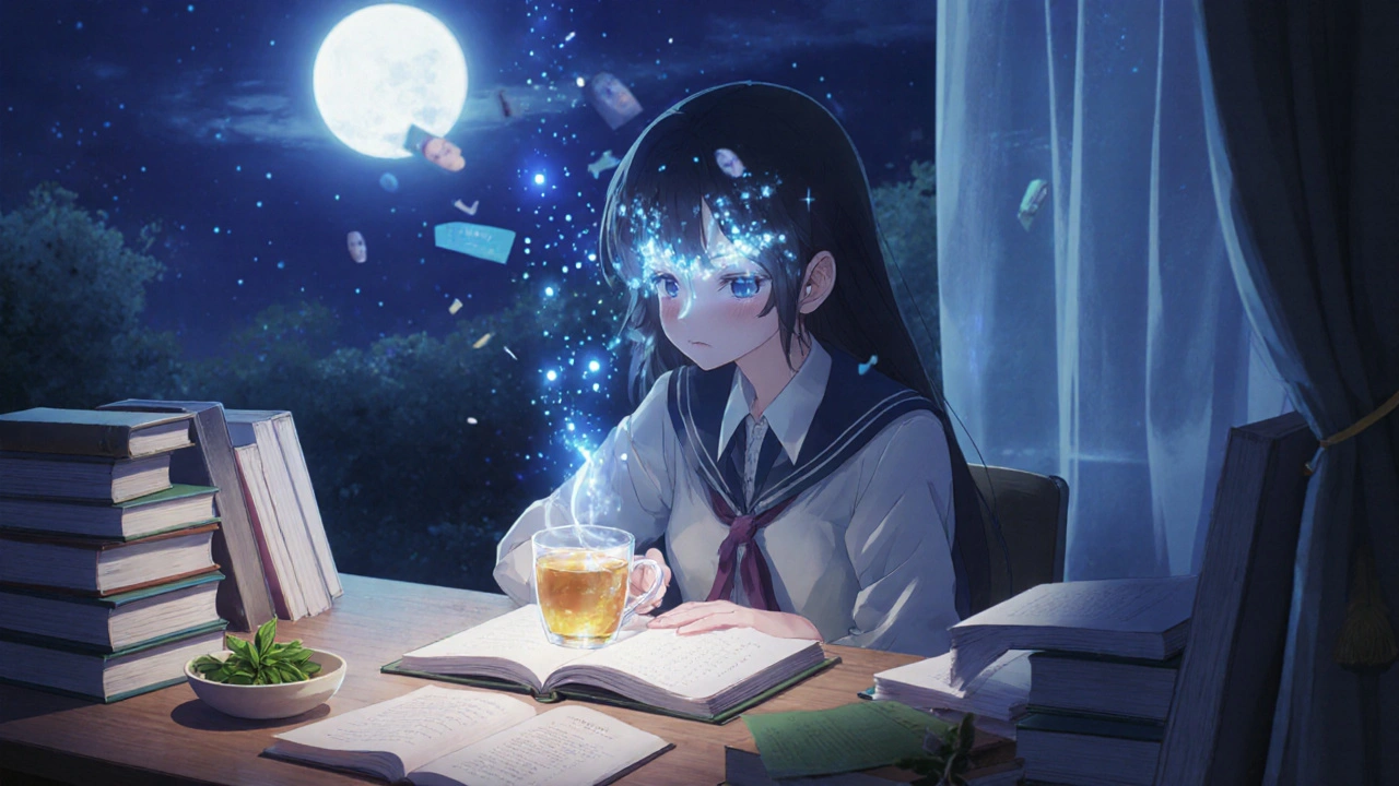 A student studying at night, focused and peaceful, with glowing energy from lemon balm tea enhancing mental clarity.