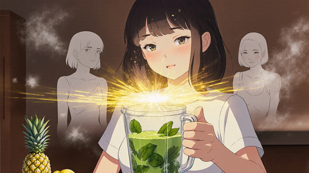 A woman blending a green smoothie with lemon balm, surrounded by fading symptoms as healing energy radiates.