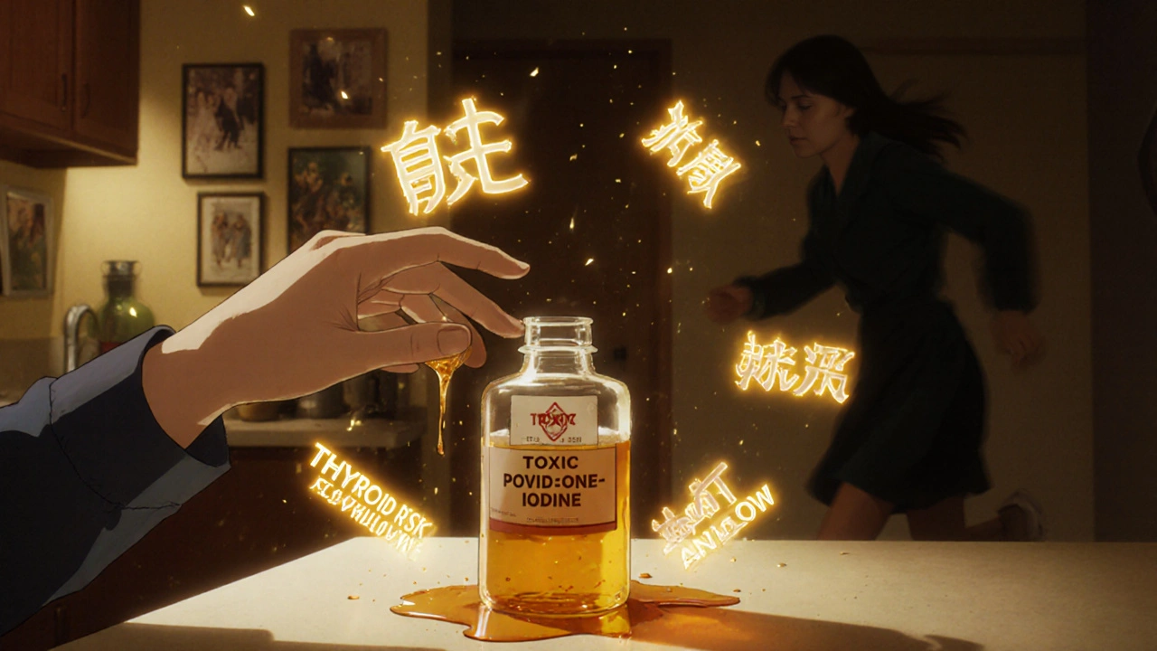 A child reaching for a spilled bottle of povidone-iodine with glowing warning symbols.