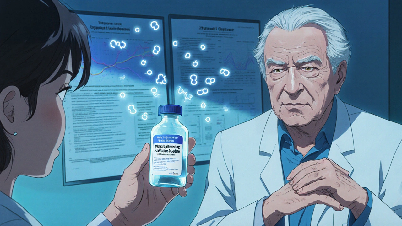 A doctor and elderly patient discussing povidone-iodine risks in a hospital setting.