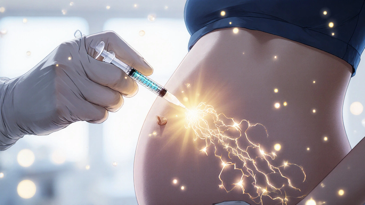 A surgeon injecting heparin into a pregnant woman&#039;s abdomen, with molecular structures glowing in the air.