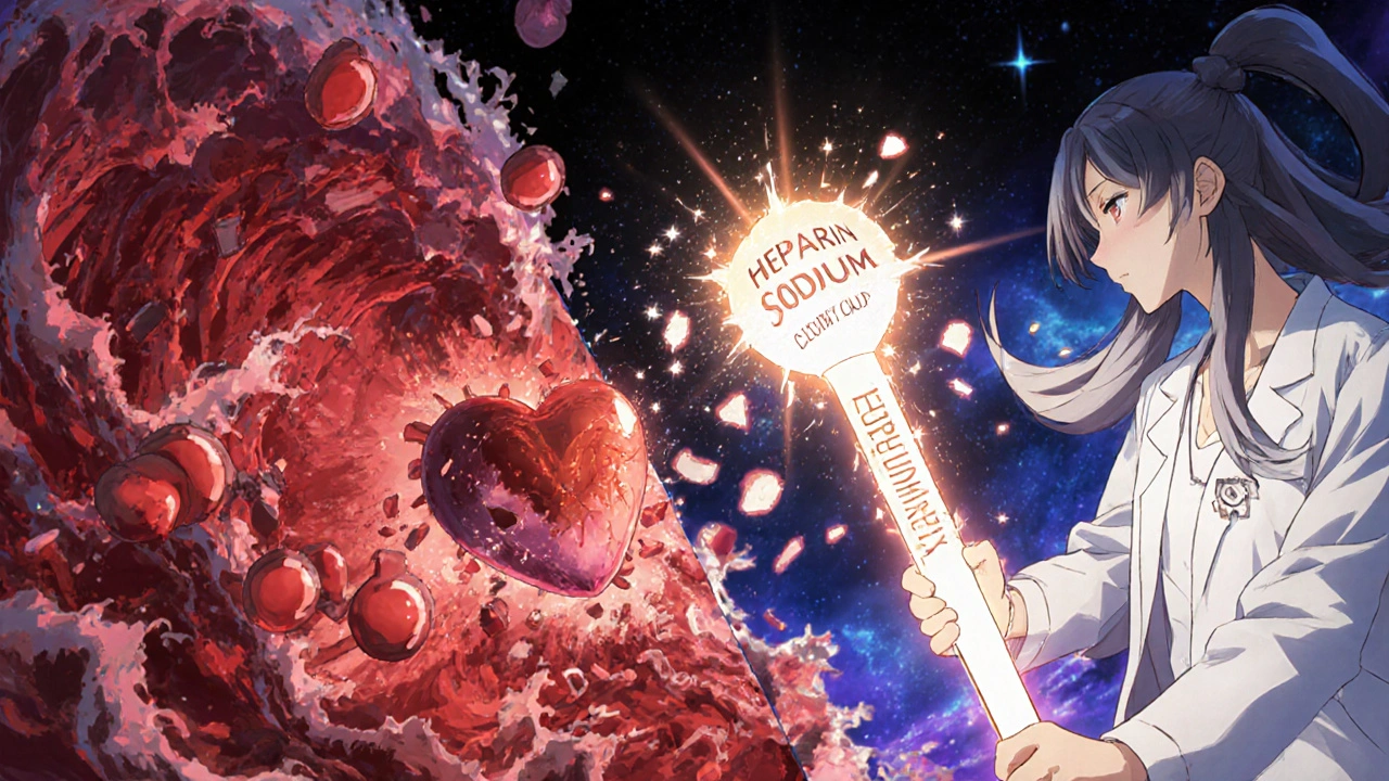 A warrior with a heparin scepter shattering blood clots in a cosmic hospital battlefield scene.