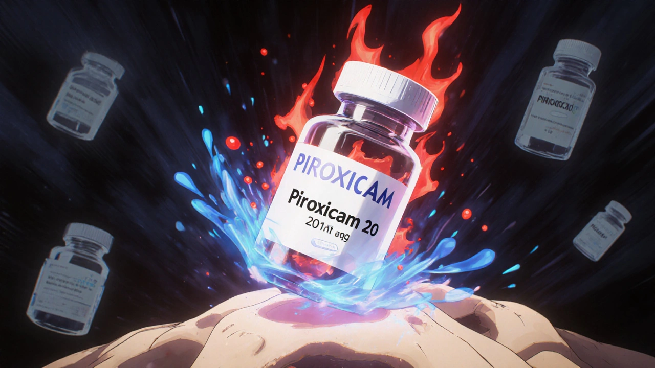 Animated scene showing piroxicam suppressing inflammatory flames in a joint.