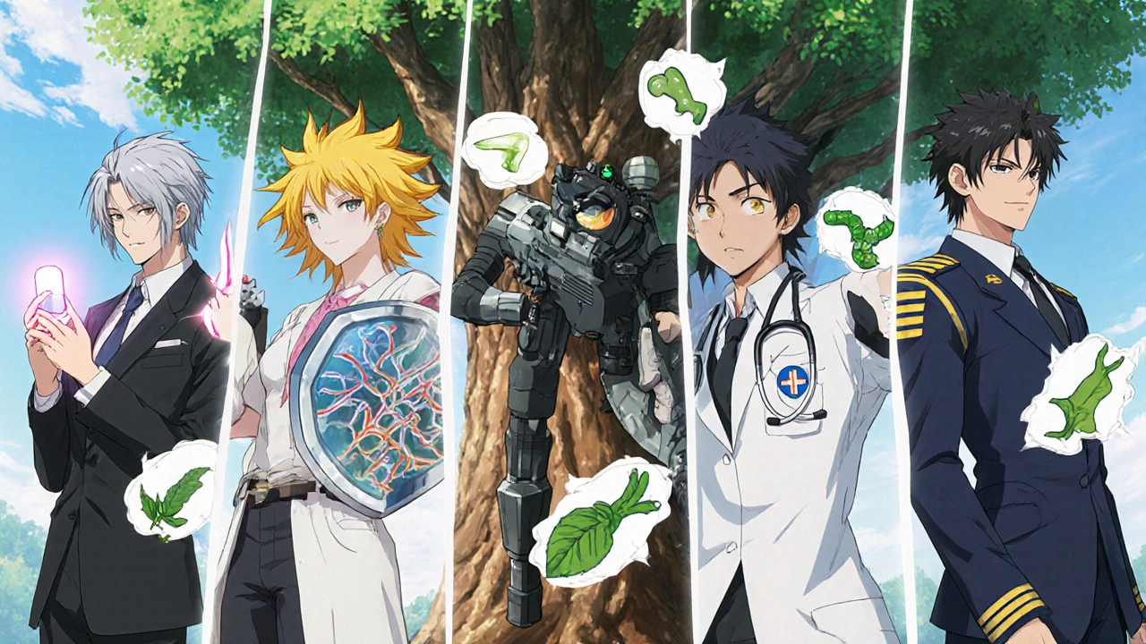 Anime characters representing five antibiotics stand on a decision tree.