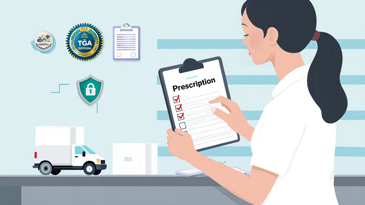 Checklist of safety steps with TGA logo and pharmacist preparing a sealed medication box.