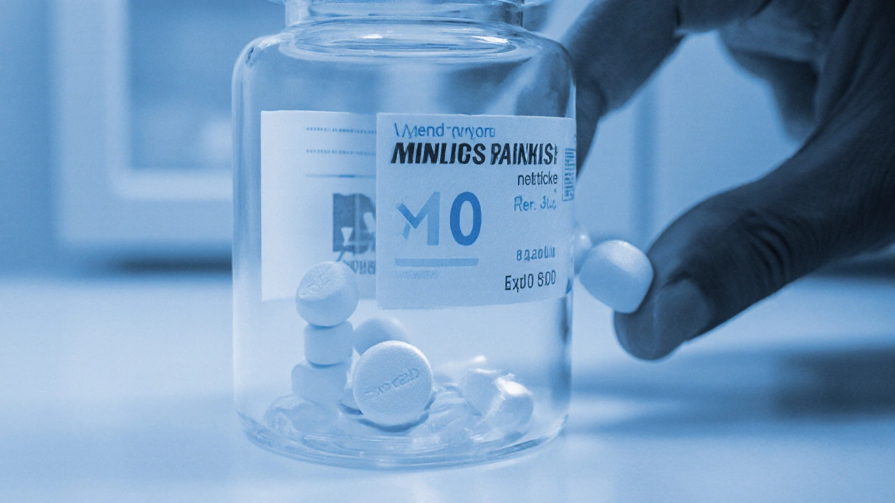 Close‑up of a montelukast bottle and tablets being inspected.
