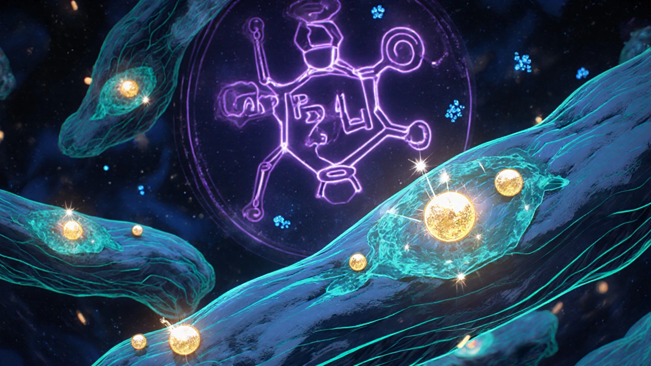 Close‑up of glowing muscle fibers with golden vitamin D receptors and purple CYP3A4 enzyme diagram.