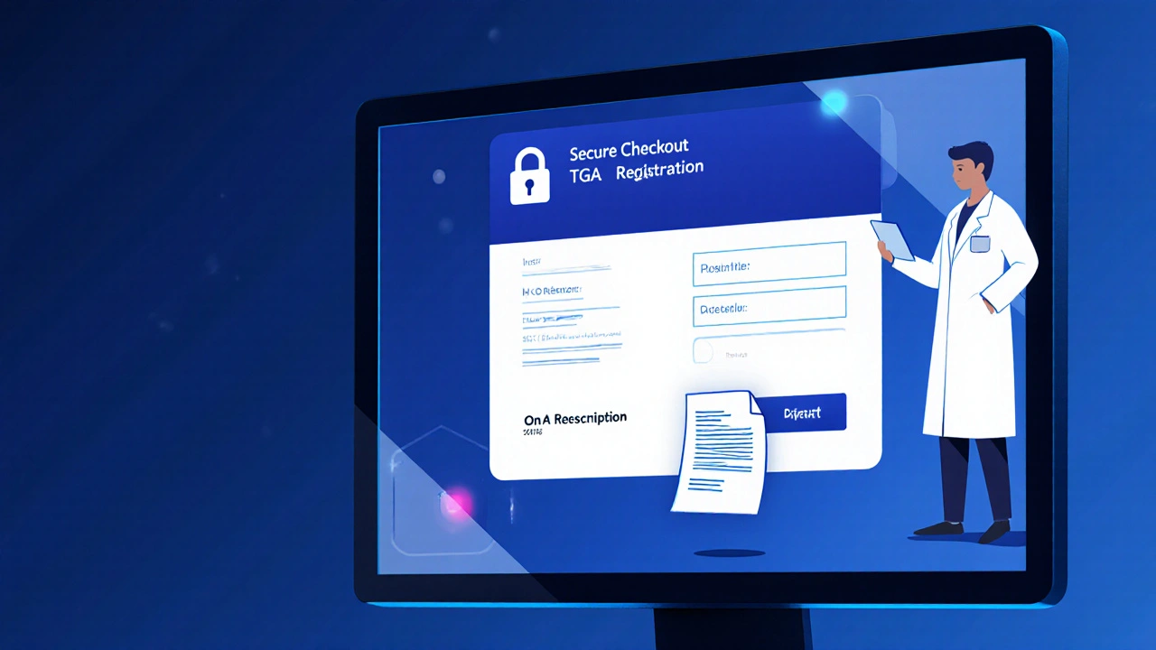 Computer screen showing secure checkout and prescription upload with pharmacist reviewing.