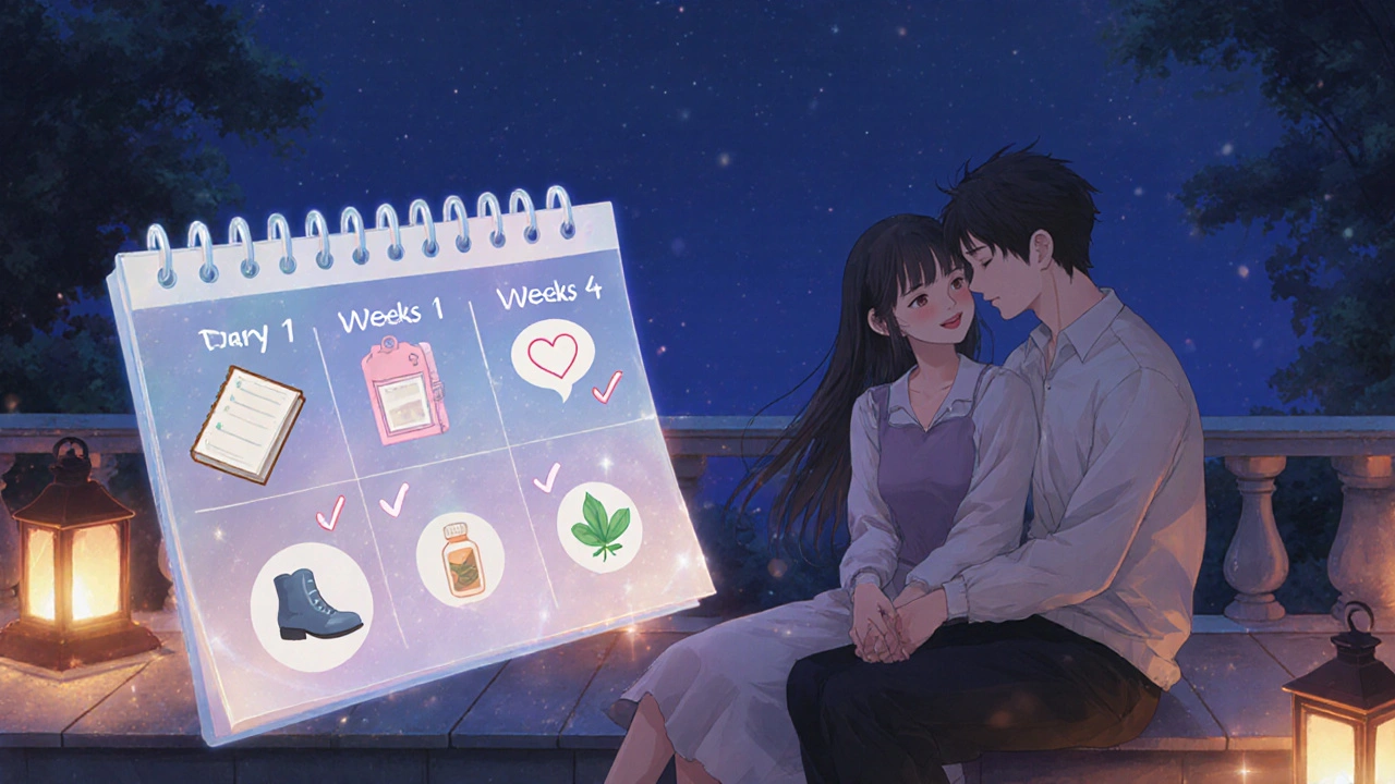 Couple on balcony holding hands with floating 4‑week plan calendar highlighting lifestyle steps.