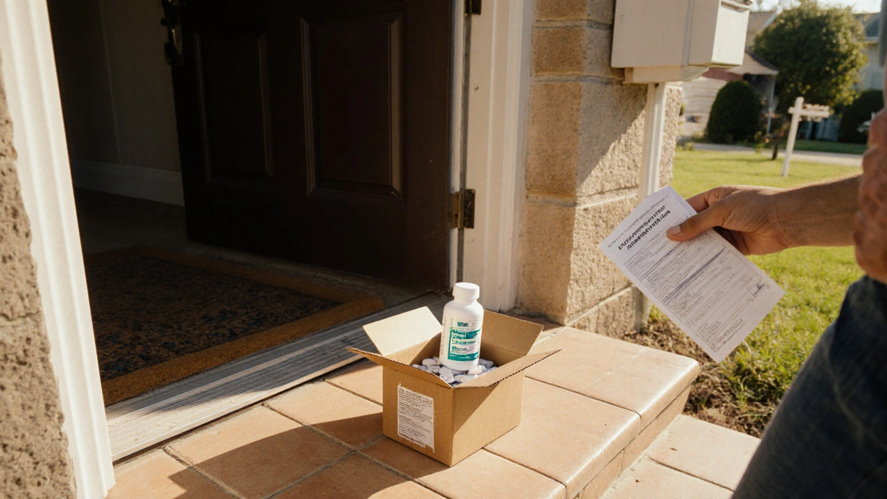 Delivered box of acetaminophen tablets on doorstep with happy customer.