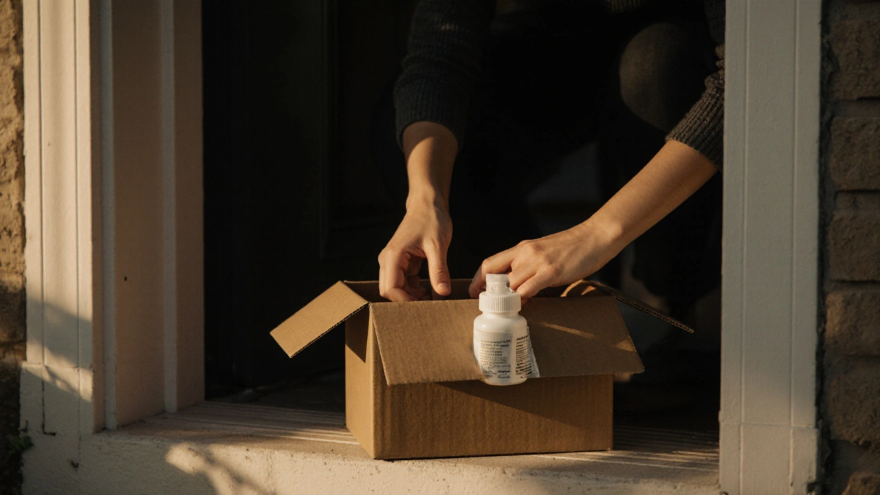 Delivered medication box being opened and inspected at a home doorstep.