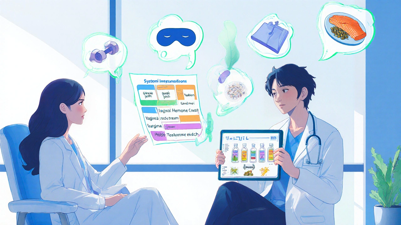 Doctor consulting woman with tablet showing treatment options amid icons of exercise and nutrition.