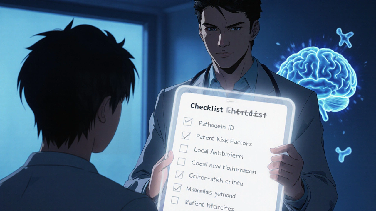 Doctor reviewing a holographic checklist while monitoring patient safety.