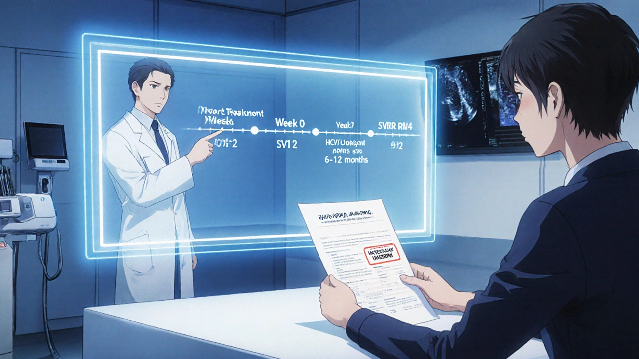Doctor showing post‑treatment timeline hologram while patient holds an undetectable lab report.