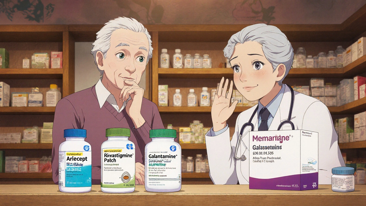 Elderly patient choosing among medication bottles at a pharmacy with a pharmacist.