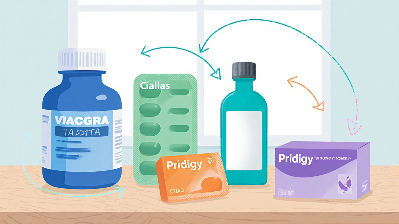 Flat‑lay of assorted ED and PE medication bottles and packs with pastel arrows.