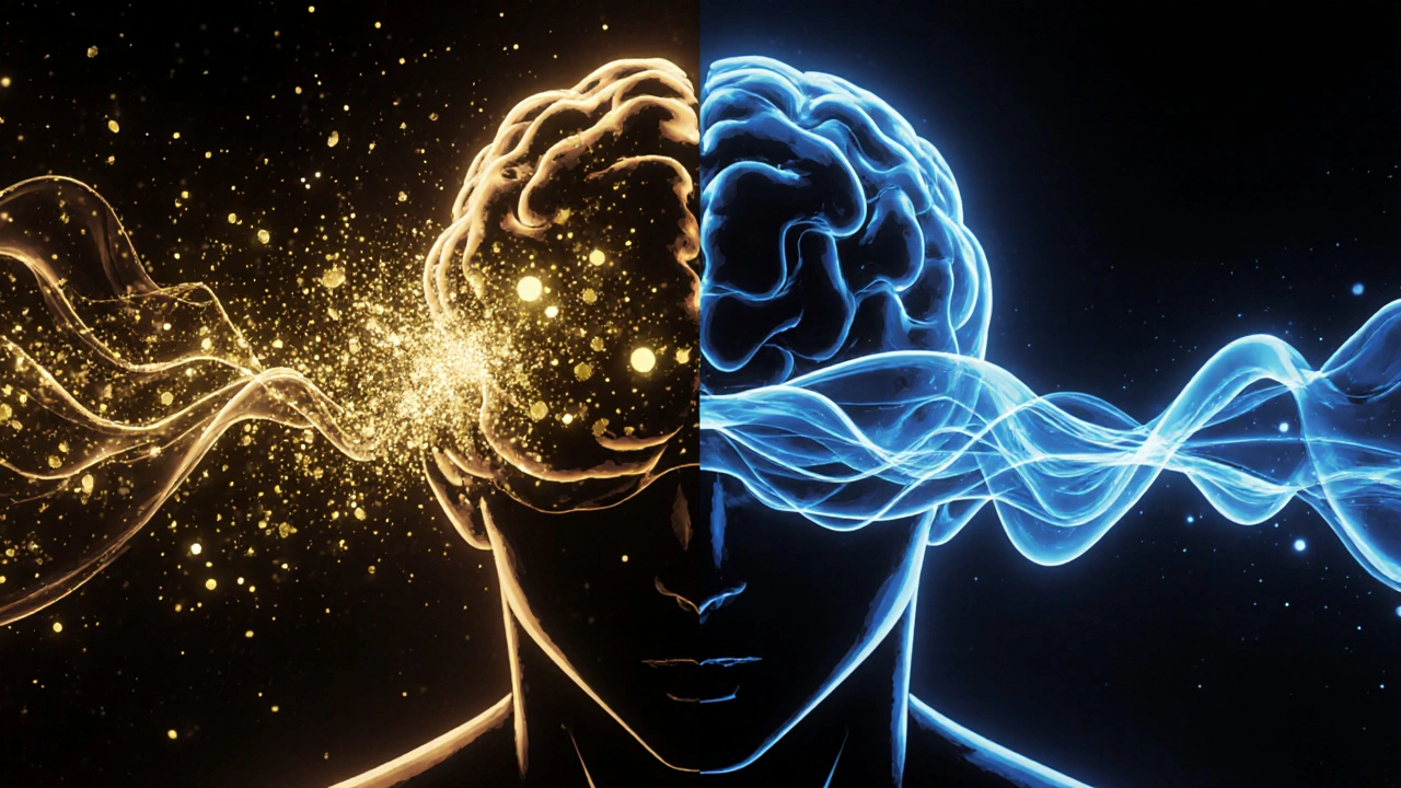 Illustrated brain showing glowing acetylcholine and glutamate pathways representing drug actions.