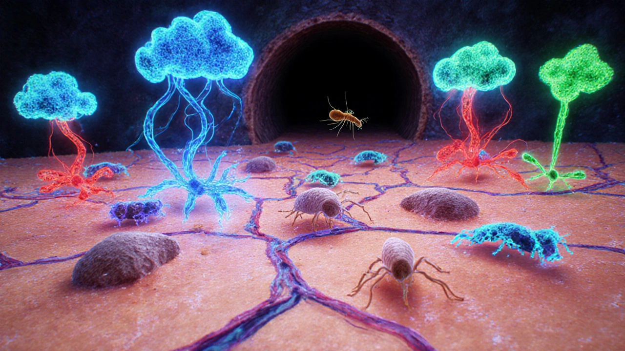 Illustrated immune response in skin with T cells, cytokine clouds, and a scabies mite tunnel.