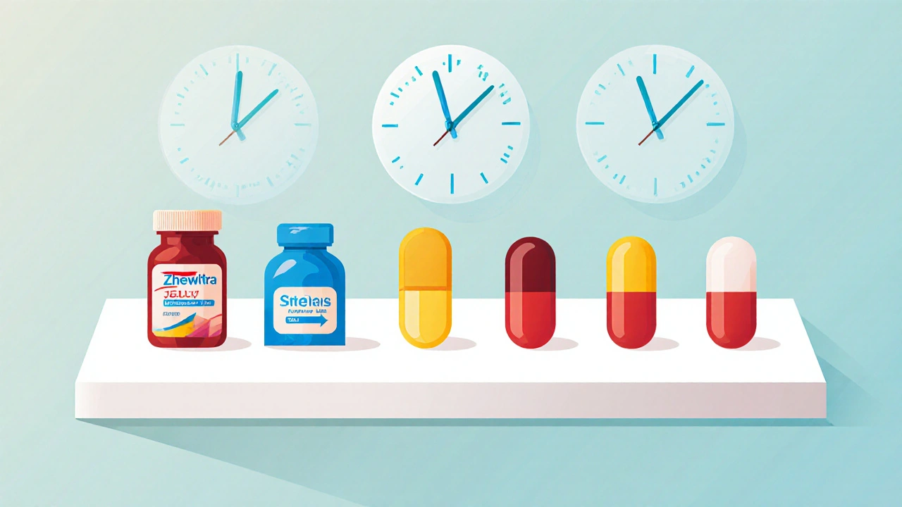 Illustration of five ED medication types with clock icons indicating onset times.