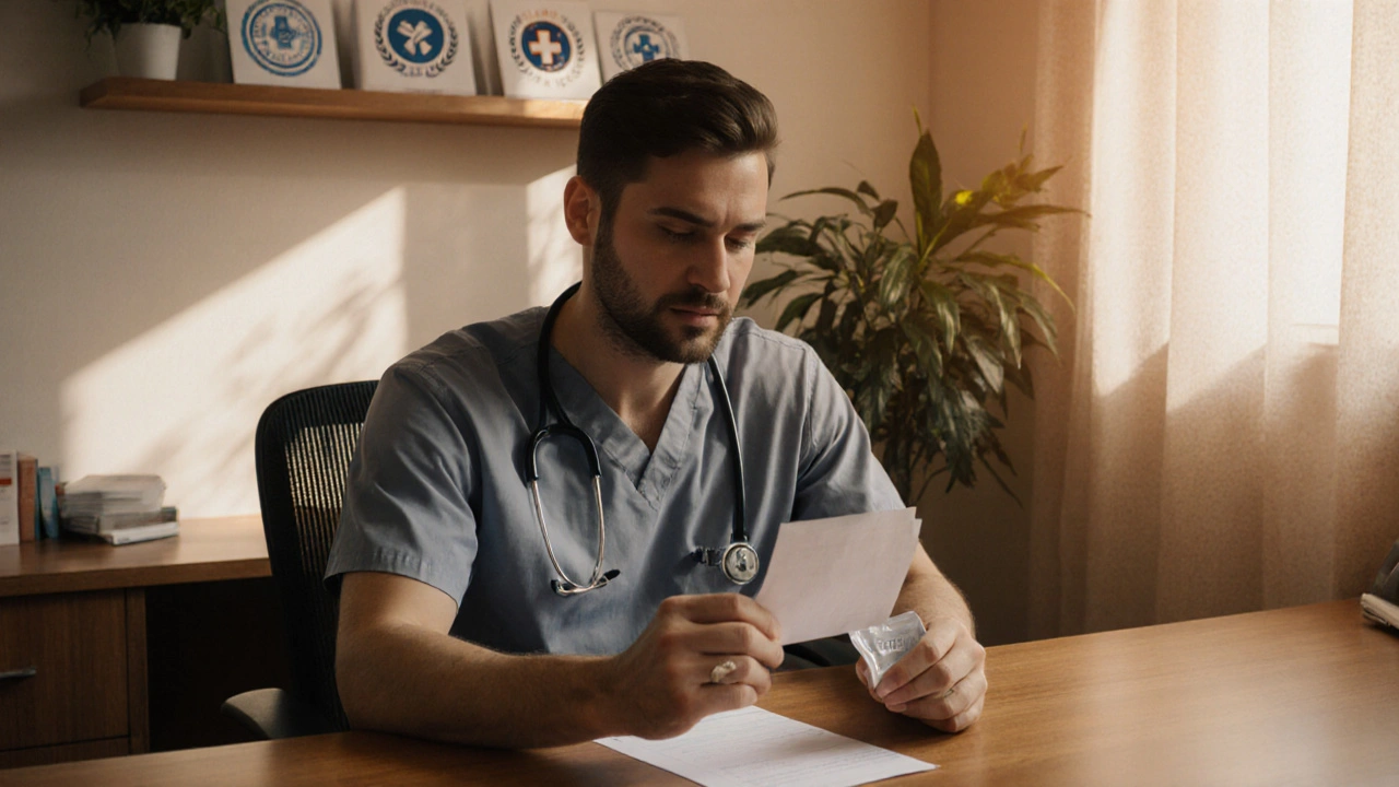 Man in doctor&#039;s office holding prescription and sealed medication envelope.