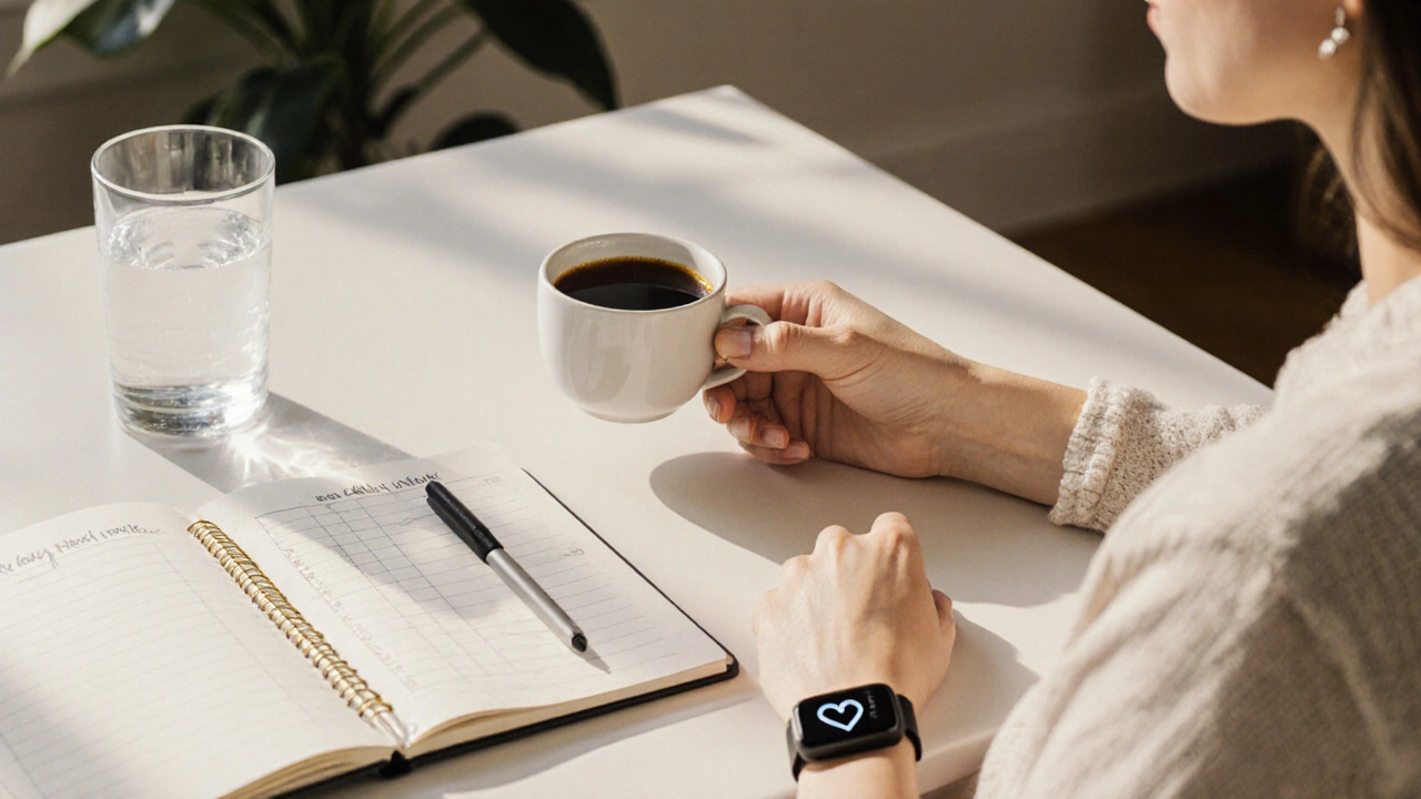 Person enjoying one espresso, tracking caffeine, with steady heart monitor.