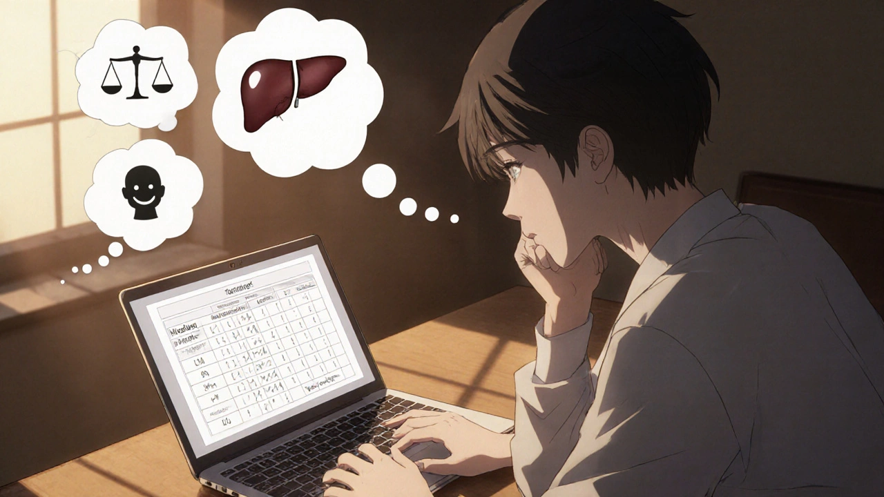 Person weighing efficacy, side effects, and cost in thought bubbles.