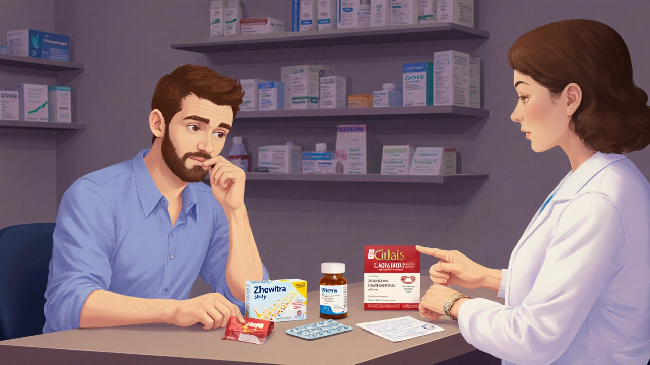 Pharmacist and patient reviewing various ED meds on a counter in a clinic.