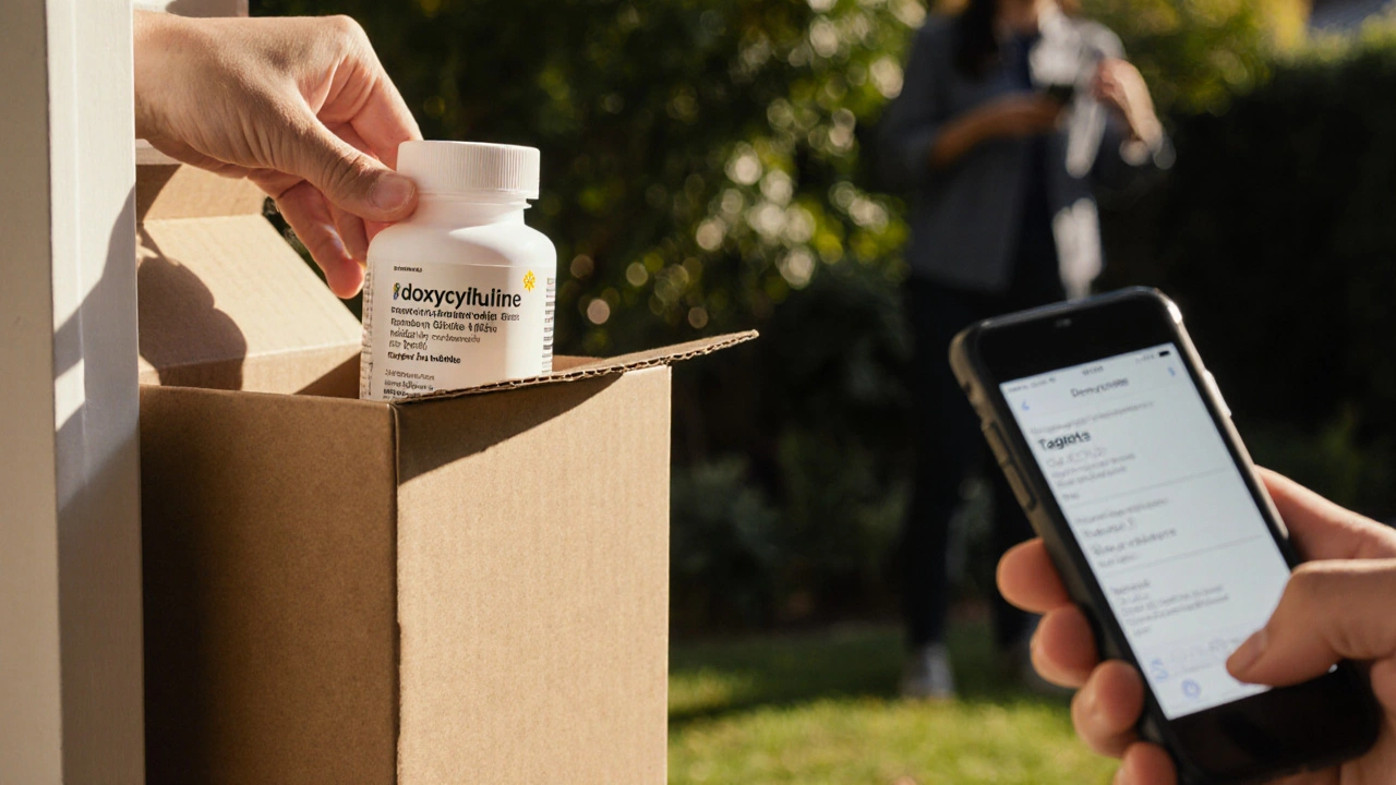 Plain delivery box on doorstep opened to reveal doxycycline bottle being taken.