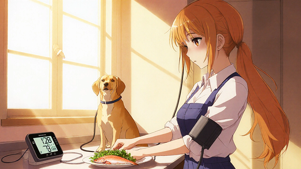 Sarah checks her 128/78 blood pressure while cooking a healthy fish meal.