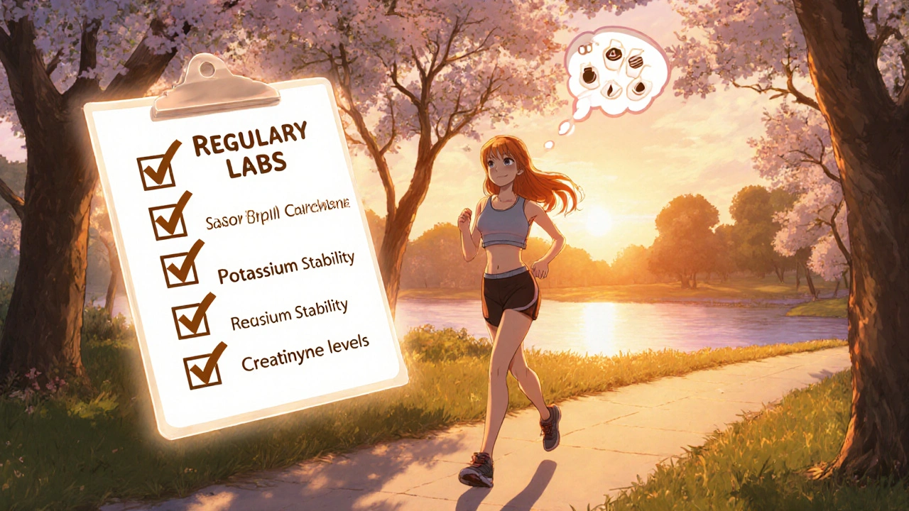 Sarah jogs at sunrise with a checklist of lab results floating nearby.