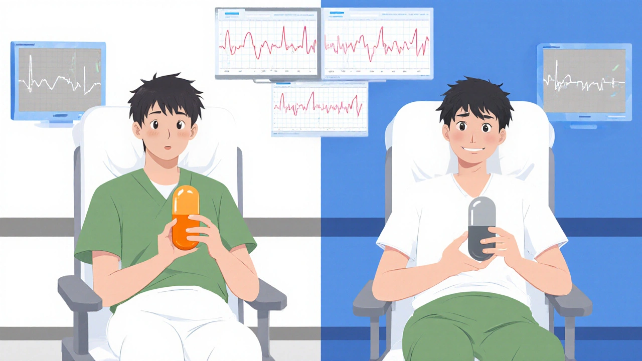 Split‑screen of two trial participants taking vitamin D or placebo, both showing similar facial expressions.