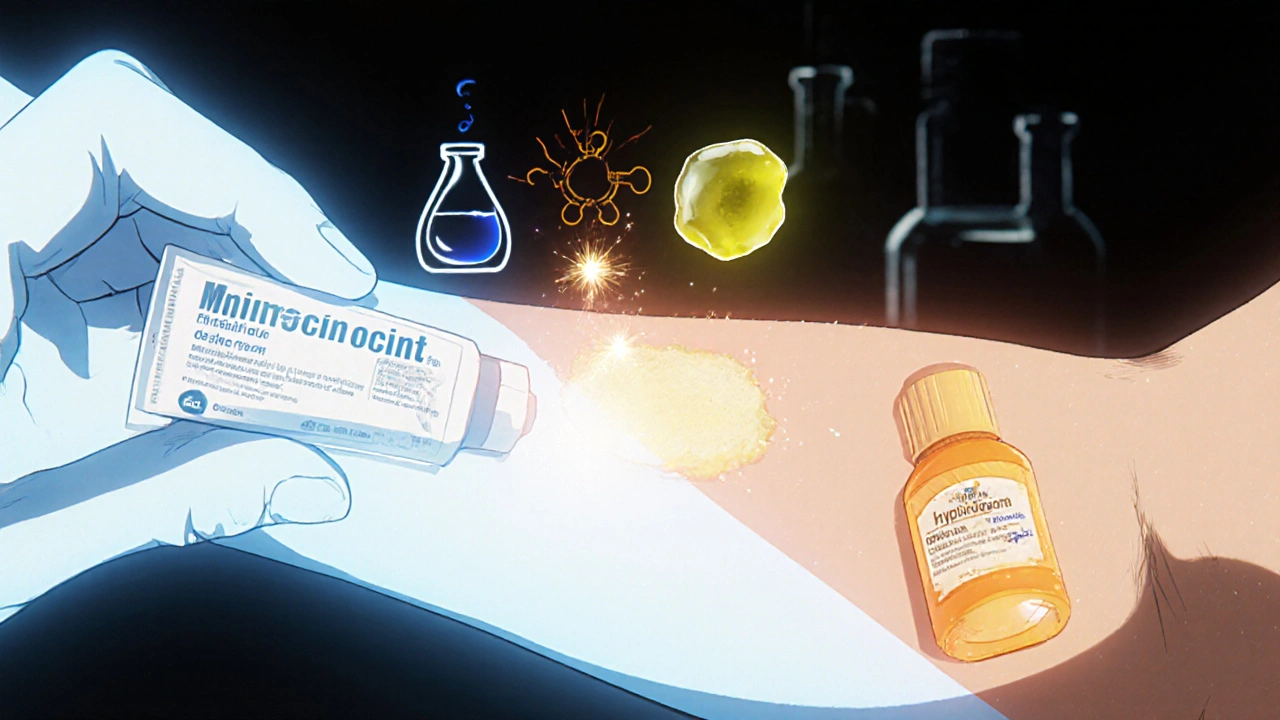 Split view of mupirocin and other creams applied to skin, showing visual cues of irritation and chemical interaction.