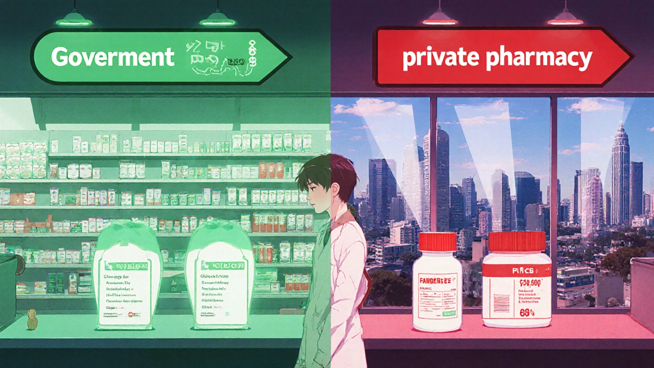 Split view of PBS pharmacy with low price and private pharmacy with higher price.
