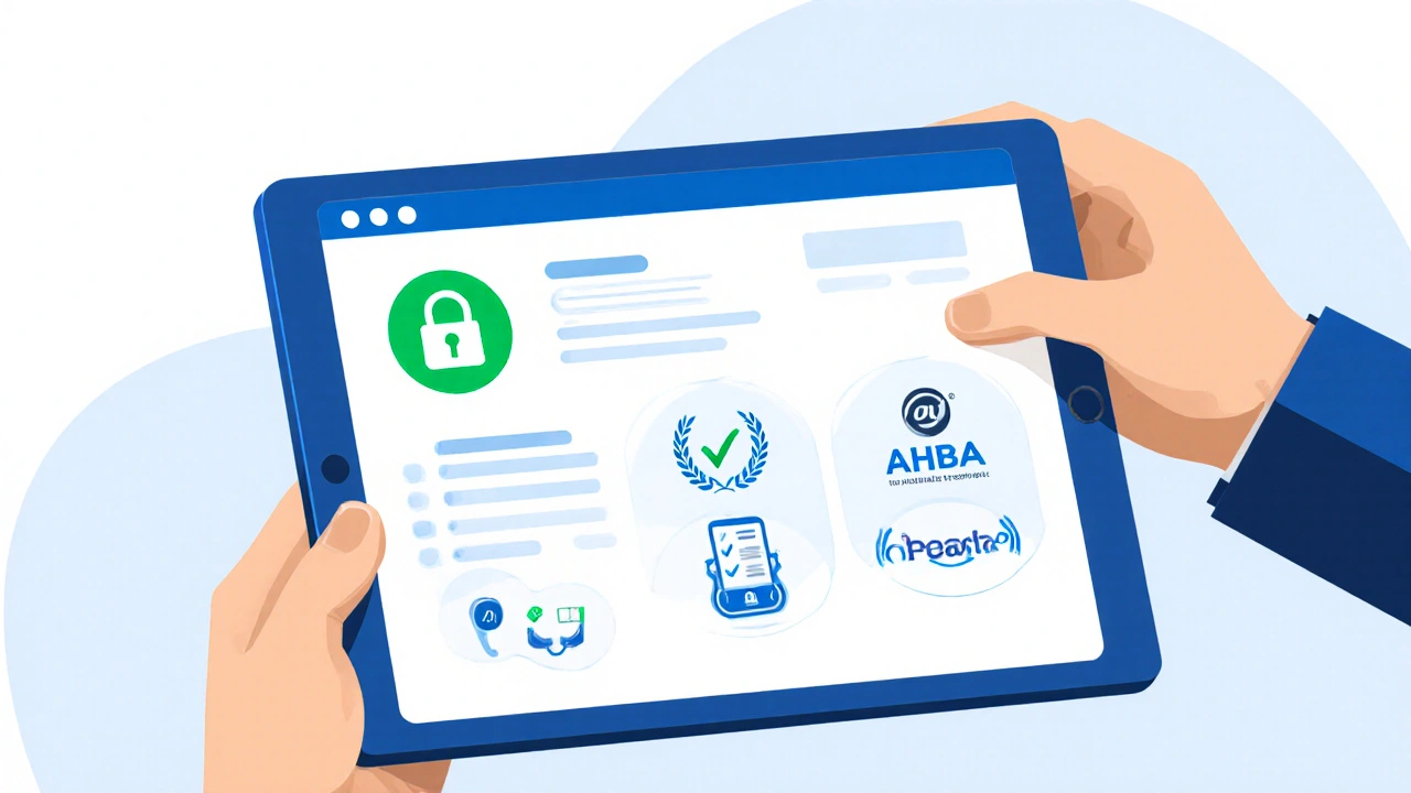 Tablet screen showing security icons and pharmacy accreditation badges.