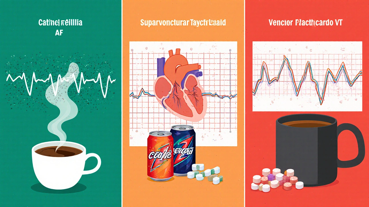 Three arrhythmia panels: AF, SVT, VT with coffee, energy drinks, and pills.