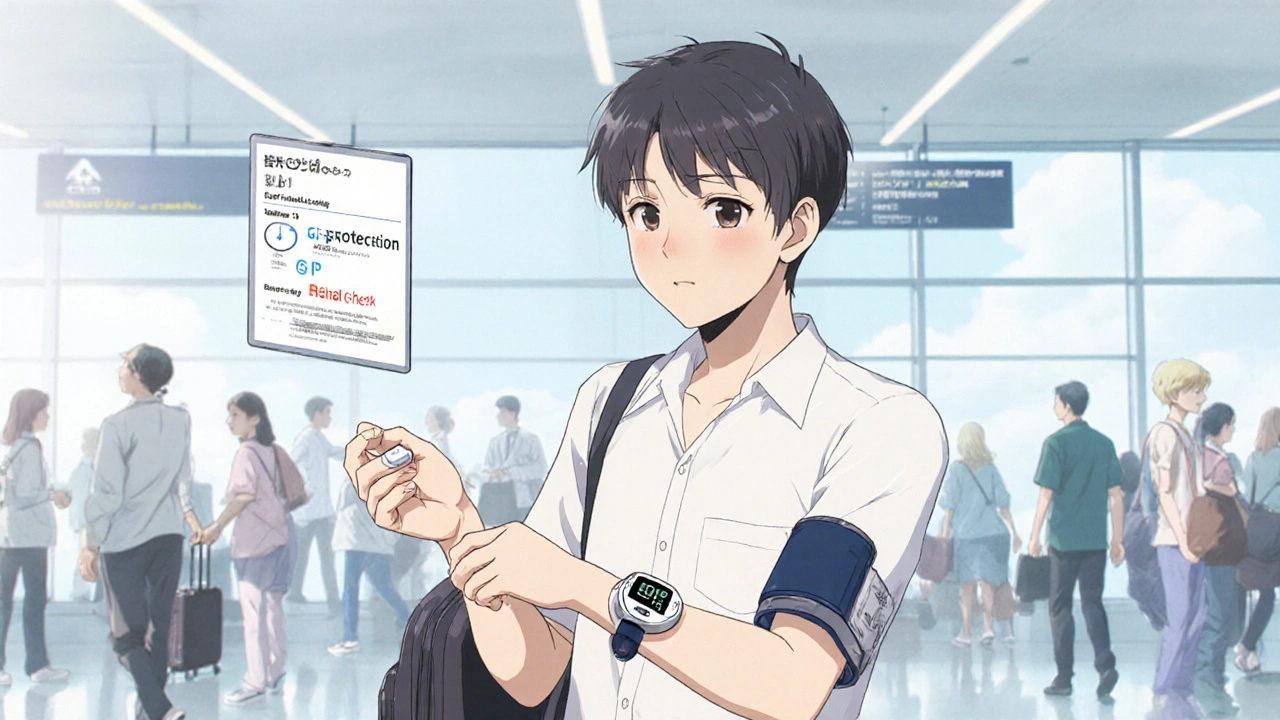 Traveler checking blood pressure while holding a piroxicam tablet.