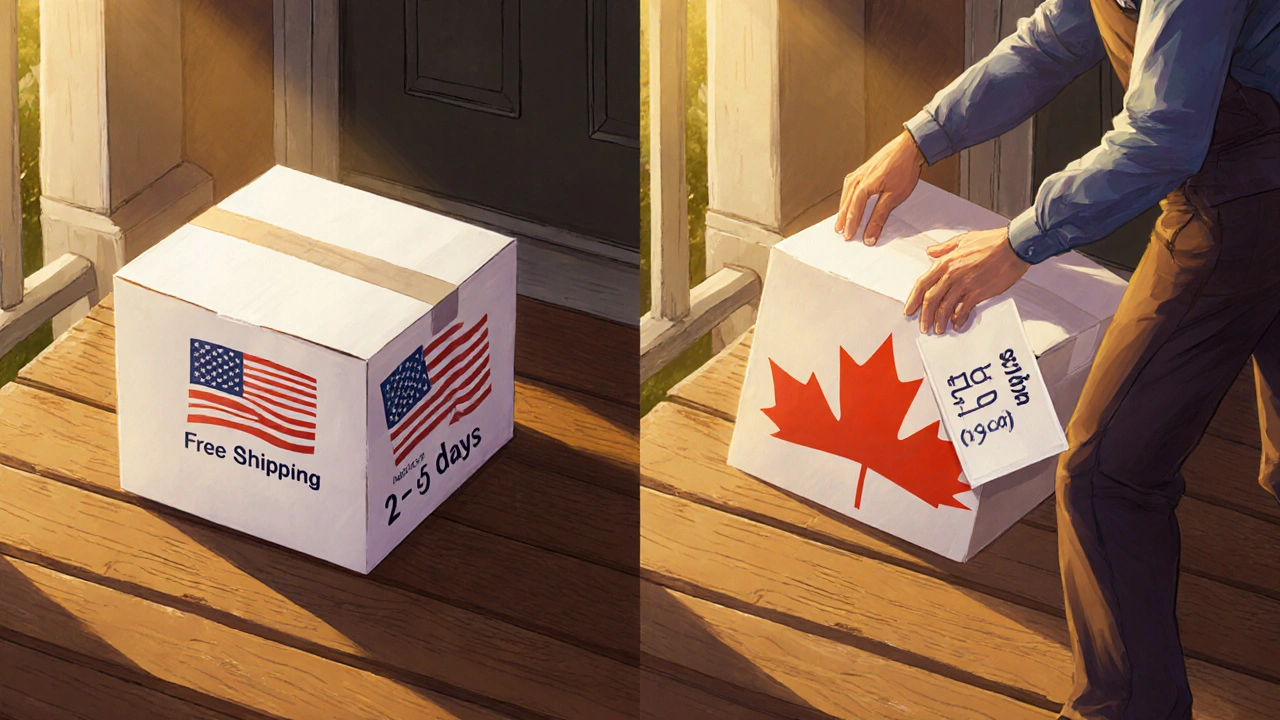 Two delivery boxes labeled US and Canada side by side on a porch.