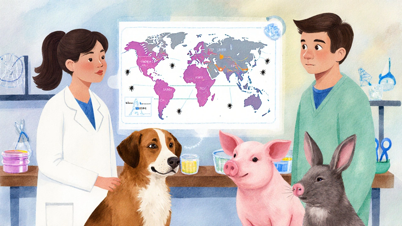 Watercolor scene of clinicians examining genetic maps beside a dog, pig, and rabbit with mites.