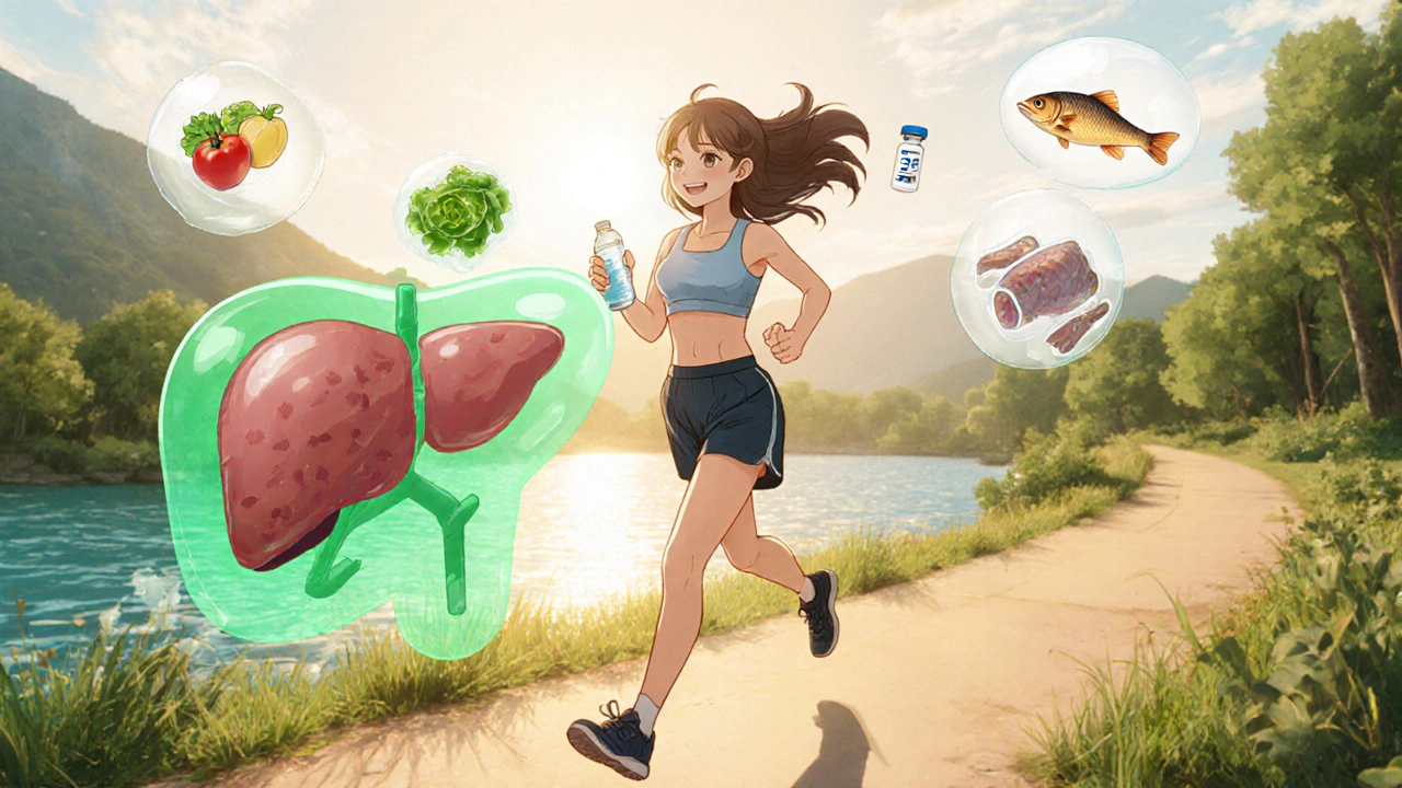 Woman jogging by a river with a glowing healthy liver illustration and wellness icons.