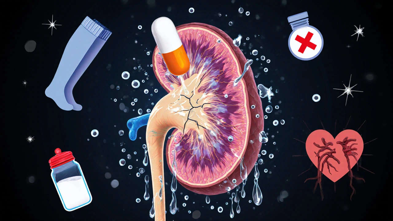 A damaged kidney releasing sodium and water into tissues, with diuretic pills and compression tools floating nearby.