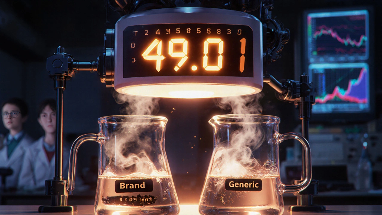 A dissolution apparatus with a glowing f2 meter showing the number rising from 49.8 to 50.1 in a lab setting.