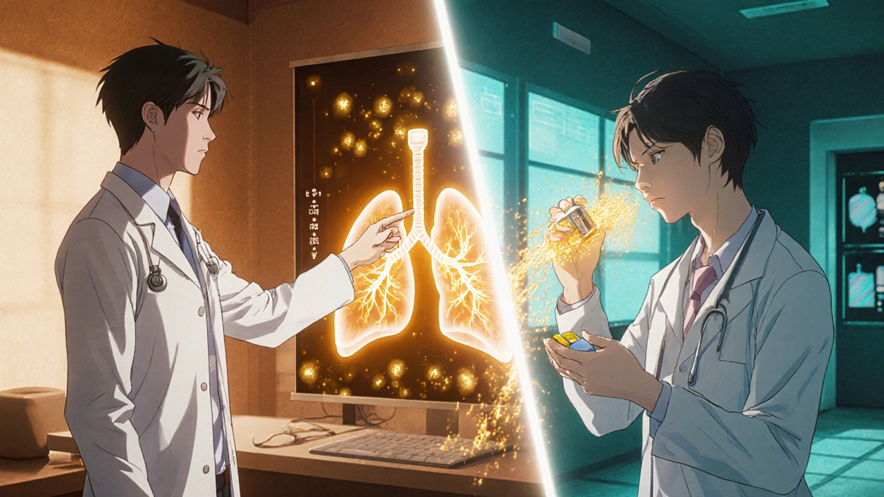 A doctor and patient in a medical setting, with golden energy representing targeted therapy flowing into the bloodstream to fight cancer cells.