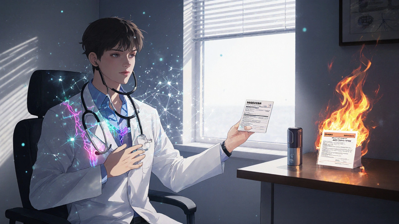 A doctor examining a patient as medical data floats around them, while a burning Mega ED Pack is replaced by a prescription and medical device.