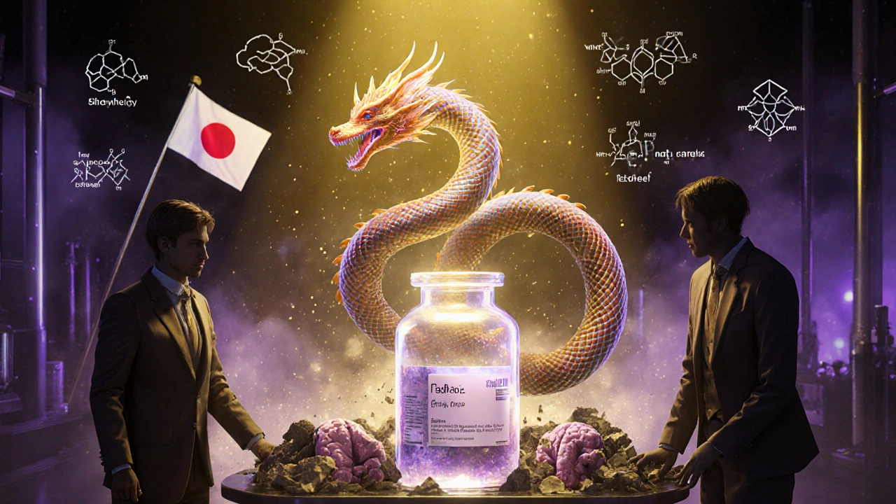 A glowing dragon-like fasudil drug unclenching brain arteries, while outdated drugs disintegrate.