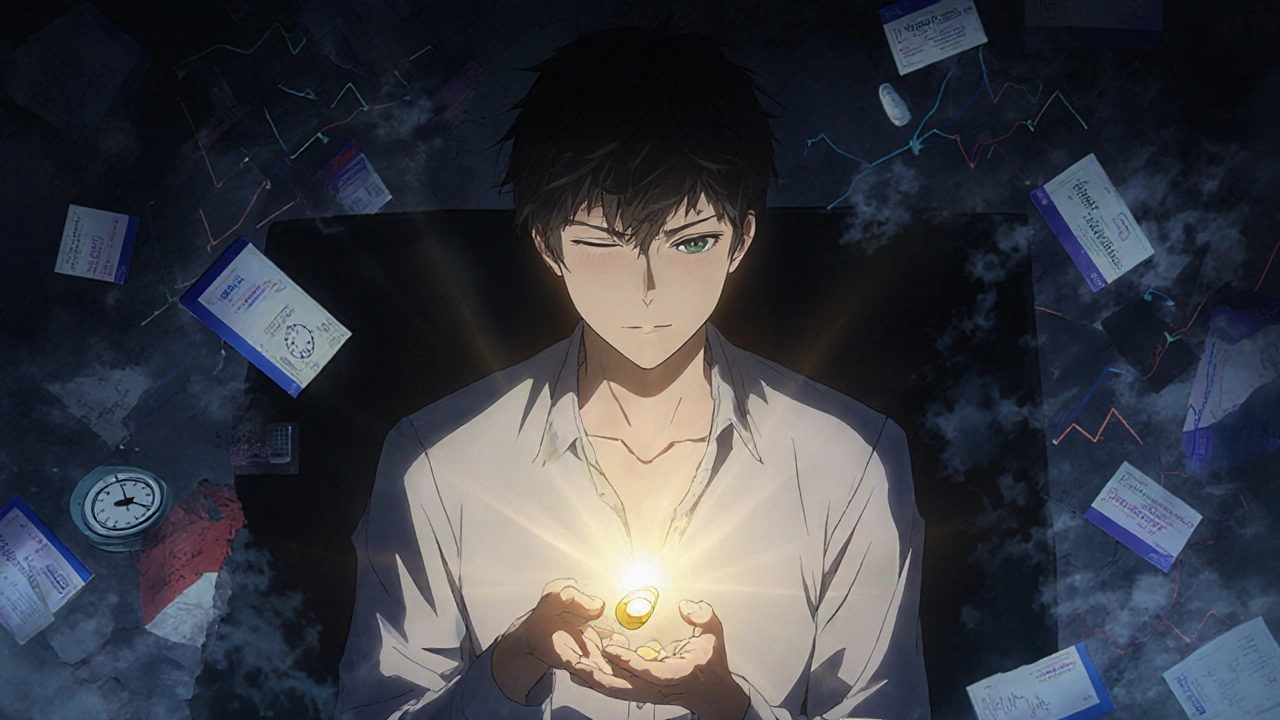 A man holding a single Sildenafil tablet in a dark room, with discarded ED pack boxes dissolving into smoke around him.