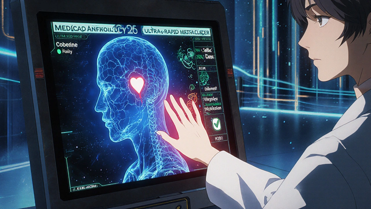 A medical scanner displaying a genetic map showing drug metabolism risk and a safer medication alternative.
