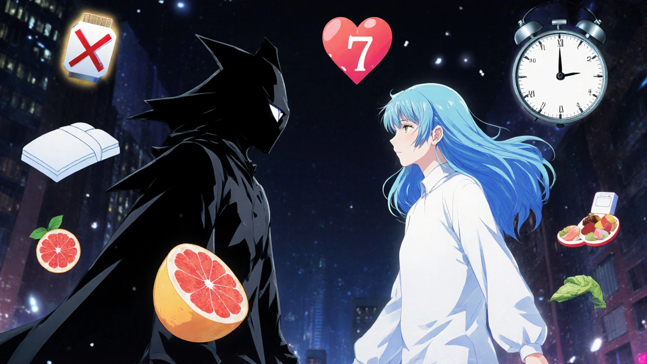 A person surrounded by symbols of healthy habits defeating shadowy medication side effects.