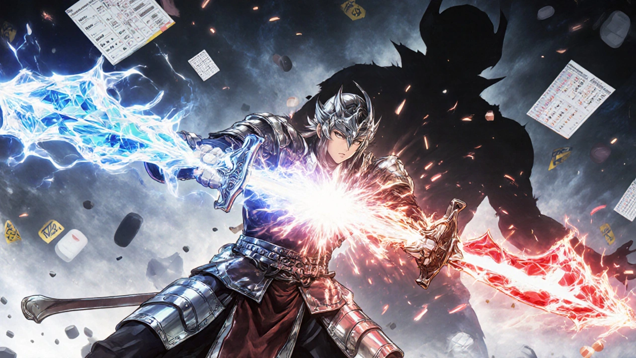 A warrior using twin blades of acetaminophen and NSAIDs to fight chronic pain in a dramatic battle.