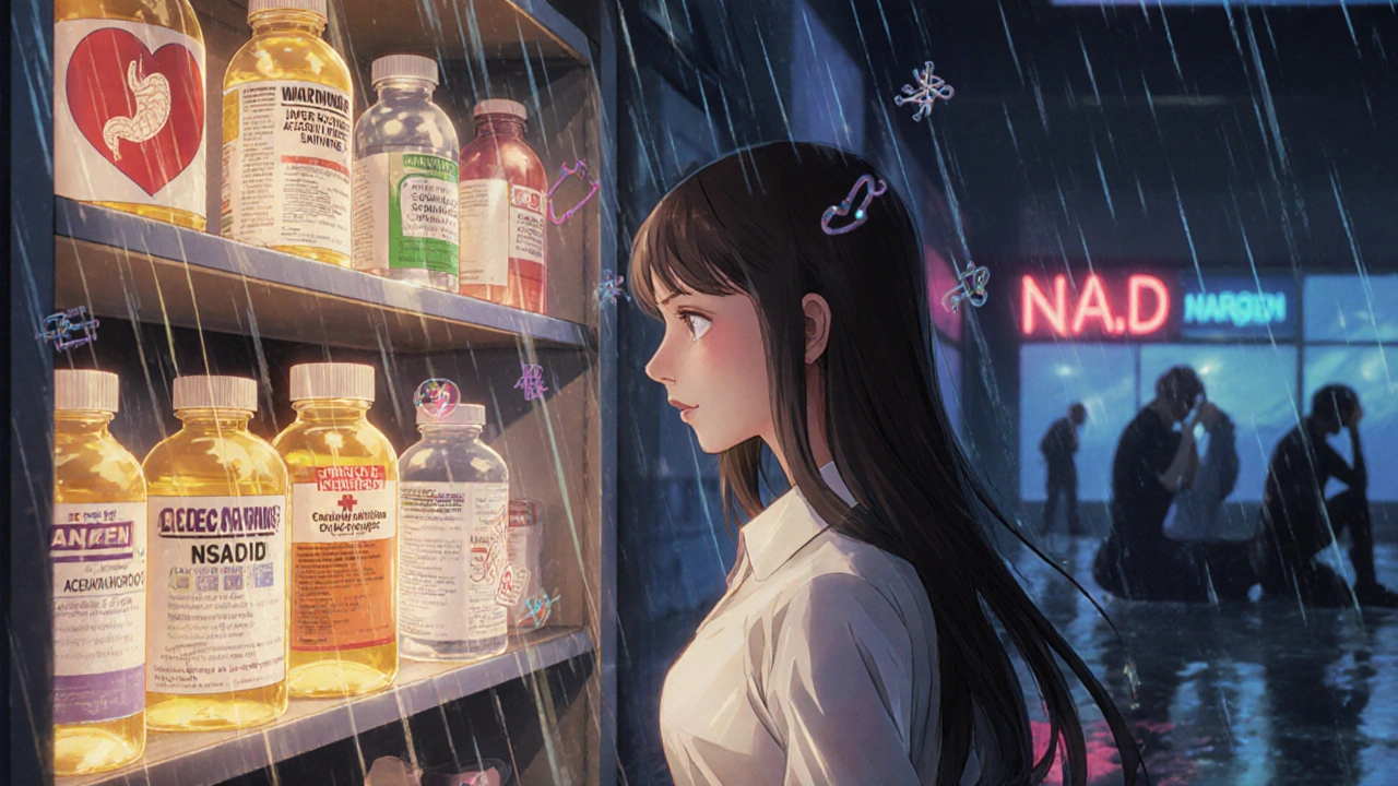 A woman choosing between pain reliever bottles with floating medical warnings in a dim pharmacy.