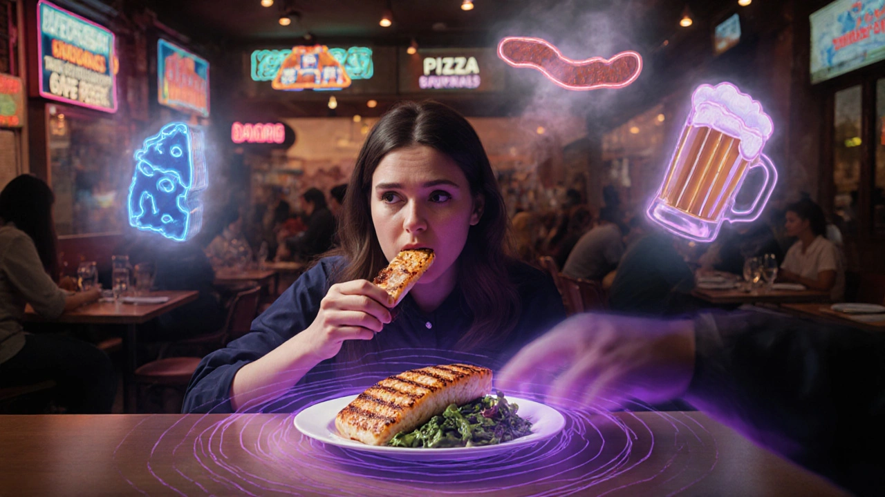 A woman choosing safe food at a restaurant, dangerous foods appearing as ghostly warnings behind her.